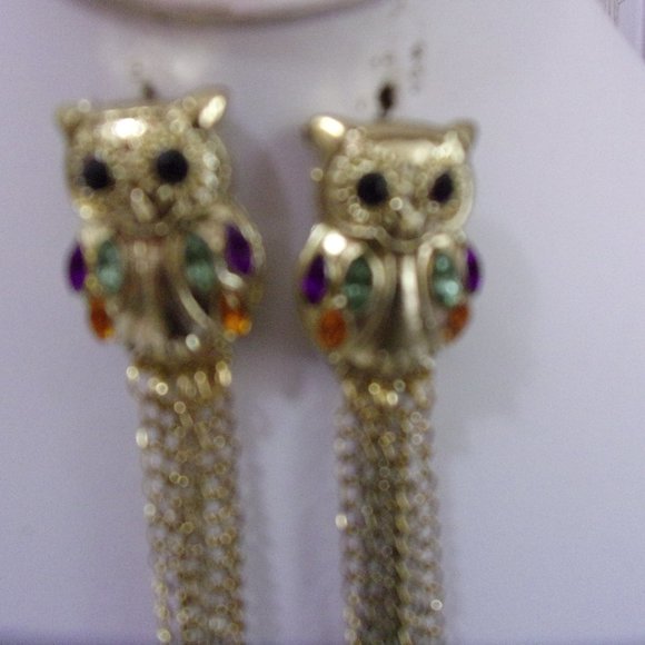 Gold Plated/Mult-Colored Crystals/Owl Earrings - Picture 2 of 2